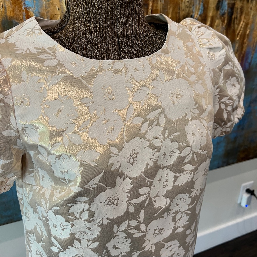 J. Crew Factory Jacquard Puff Sleeve Top in Ivory and Gold